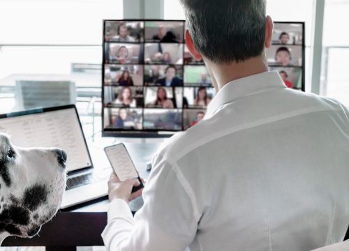 rear-view-of-man-and-pet-dog-sitting-at-table-viewing-a-group-video-chat-screen-rltheis_t20_kL7Lk2 (1)